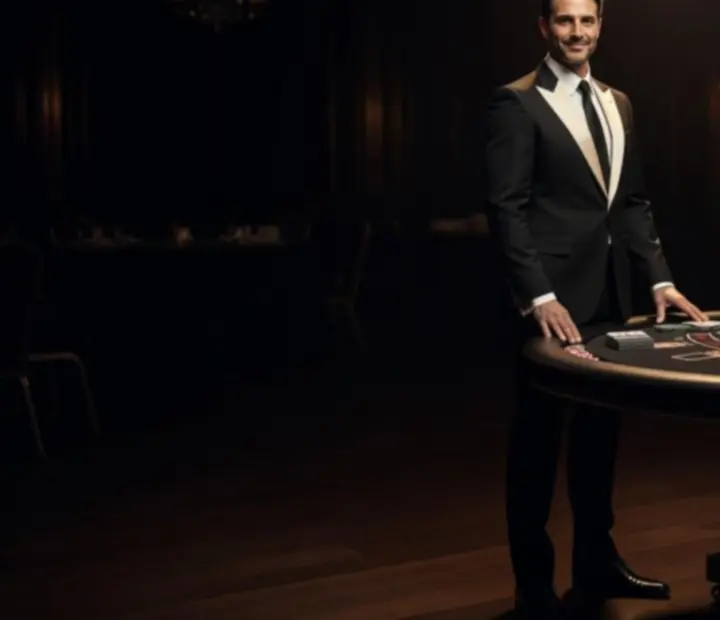 Prowadzący BlackJack w eleganckim garniturze podczas obsługi stołu