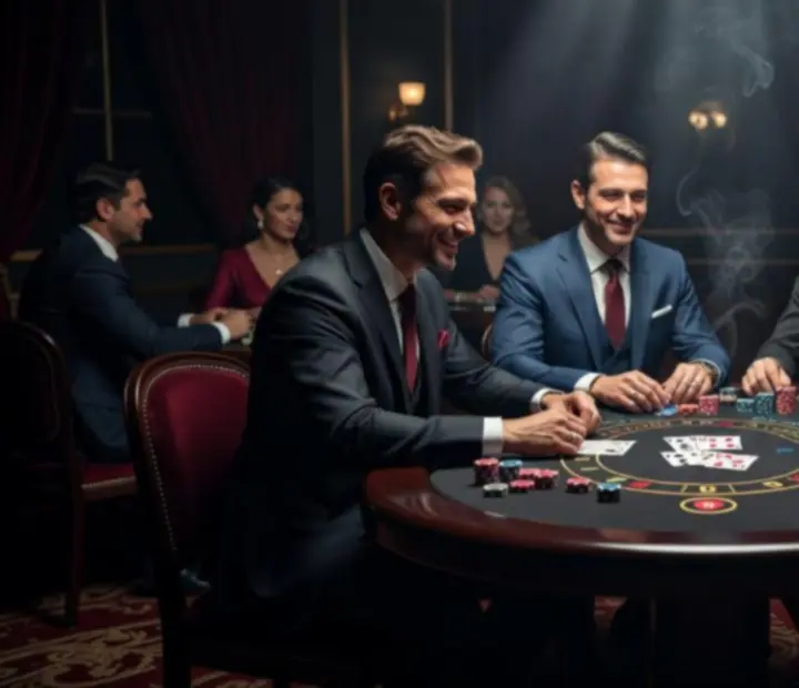 Nastrojowa nocna scena BlackJack z efektownym oświetleniem i eleganckimi gośćmi