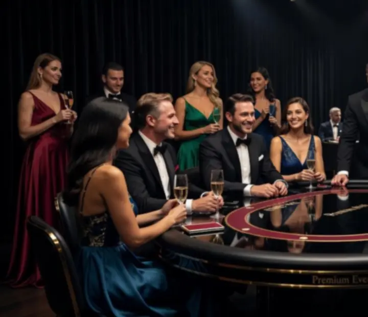 Ciemny, nastrojowy wieczór pokerowy z elegancko oświetlonym stołem podczas eventu.