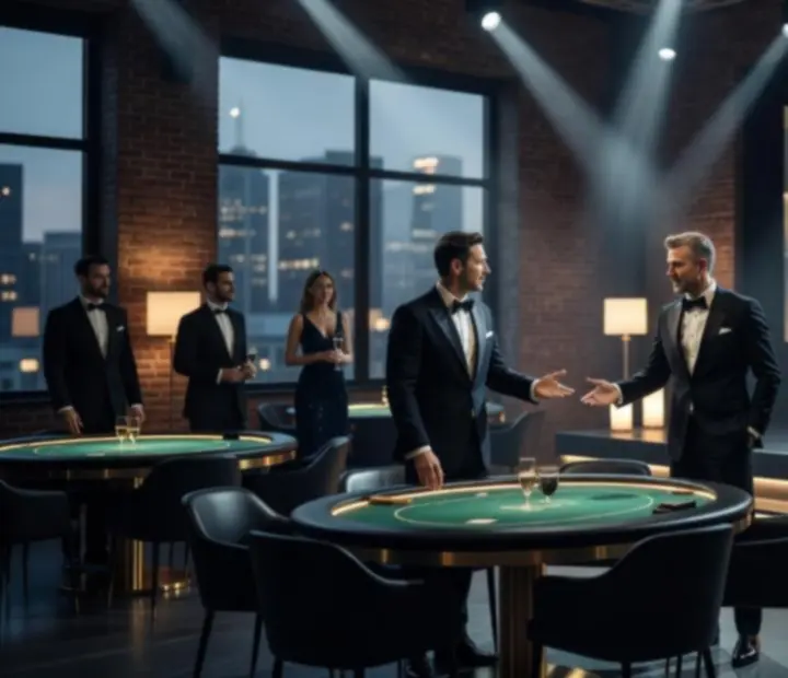 Dramatyczne oświetlenie stołu pokerowego w ciemnej, miejskiej przestrzeni eventowej.