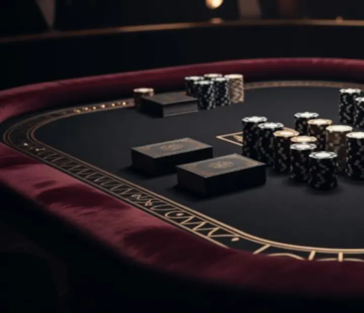 Zbliżenie na elegancki czarny stół pokerowy z burgundowymi detalami.