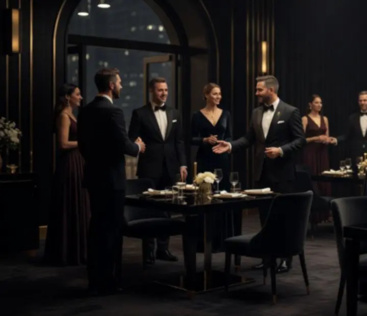 Elegancka, wieczorna scena hospitality z ciemnymi stołami i subtelnym oświetleniem